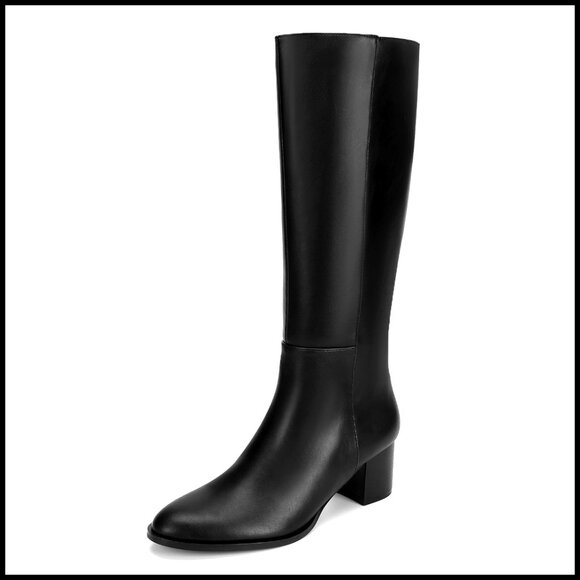 Knee High Boots Chunky Block Heel Round Toe Minimalist Faux Leather Side Zip